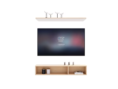 Modern Light Wood TV Stand With Floating Shelf TV Decorative Cups And Books 3d model
