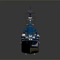 3D Rendered Blue And White Battleship With Turrets And Reflection On Gray Background