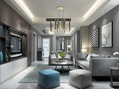 Modern Living And Dining Room Interior With Gray Sofa Coffee Table And Chandelier 3d model