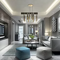 Modern Living And Dining Room Interior With Gray Sofa Coffee Table And Chandelier