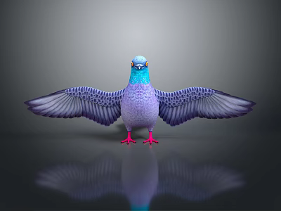 Blue Purple Pigeon With Spread Wings On Black Surface With Reflection And Gray Gradient Background 3d model