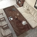 Modern Wooden Table And Chairs Set In Living Room With Sofa Bookshelf And Wall Art