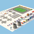Cartoon City Scene With Tall Colorful Buildings Various Shaped Houses Football Field And Towers