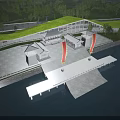 Aerial View Planning of Waterfront Building With Green Roof Surrounding Roads And Forest Areas