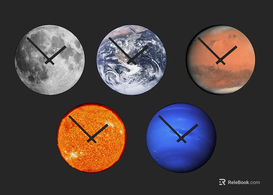 Round Celestial Clocks Featuring Moon Earth Mars Sun And Neptune Dials 3d model