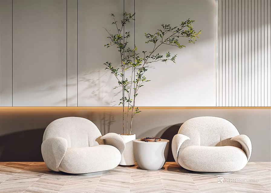 Casual Sofa Set Creamy White Rounded With Green Plant White Planter Light Wall Wooden Floor 3d model 