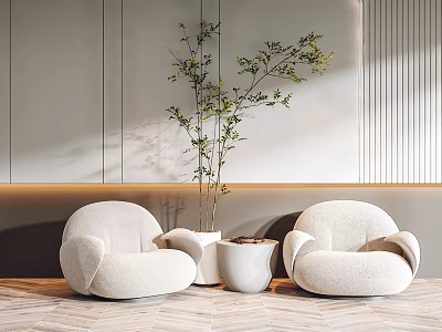 Casual Sofa Set Creamy White Rounded With Green Plant White Planter Light Wall Wooden Floor 3d model