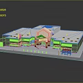 Cartoon Scene of Commercial Building with White Roof Glass Entrance Flags and Lamp Posts
