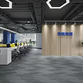 Modern Public Office Space Featuring Open Workstations Blue Columns Green Plants And Hexagonal Ceiling Lights 3d model