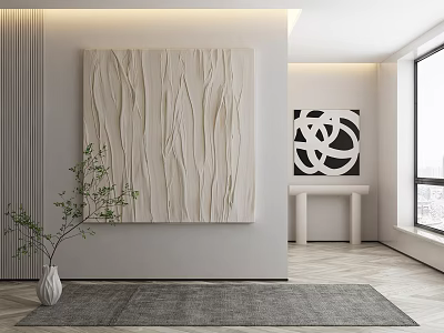 Modern Interior With Large Beige Textured Painting Green Plant Gray Rug And Bright Window 3d model