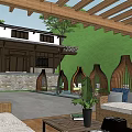 Traditional Wooden Homestay Building With Black Roof Courtyard Stone Path And Greenery