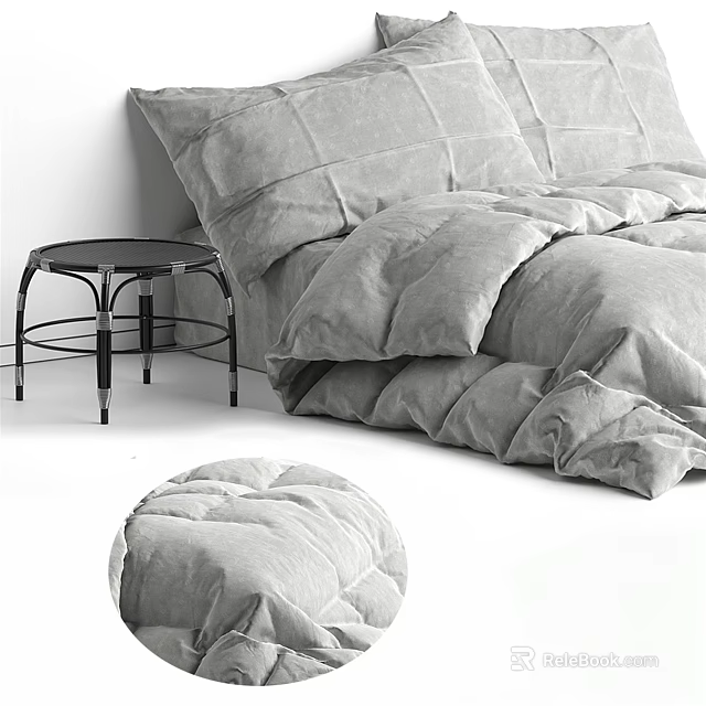 Double Bed with Soft Gray Quilted Bedding and Black Metal Side Table and Round Cushion 3d model