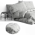 Double Bed with Soft Gray Quilted Bedding and Black Metal Side Table and Round Cushion 3d model