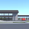Modern Sales Office Building With Glass Facade Stone Walls Red Sculpture And Water Feature