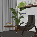 Modern Living Room Armchair With Potted Plant And Round Wooden Side Table