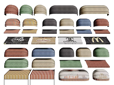 Various Colored Outdoor Awnings With Different Styles And Brand Logos 3d model