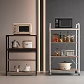 Black and White Kitchen Storage Racks with Wheels Microwave Rice Cooker Spices Jars and Pots