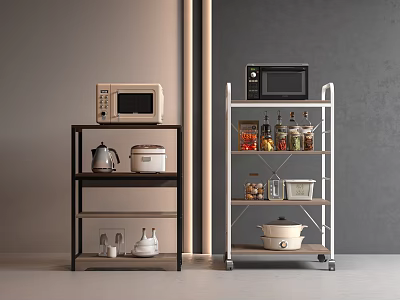 Black and White Kitchen Storage Racks with Wheels Microwave Rice Cooker Spices Jars and Pots 3d model