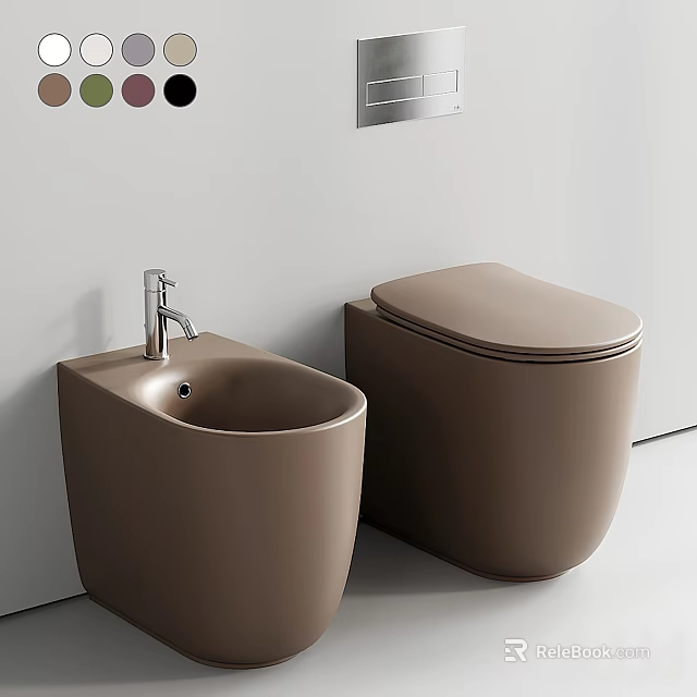 Modern Beige Toilet And Washbasin With Chrome Faucet On White Wall 3d model 