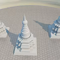 Three Golden Multi Tiered Pagodas With Spired Tops On Paved Ground 3d model