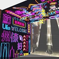 Elevator Aisle with Colorful Neon Lights Vibrant Decorations and Modern Art Elements 3d model