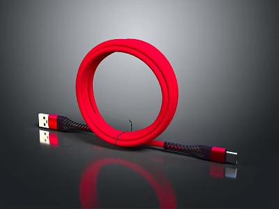 Red USB Cable with Braided Design on Smooth Black Surface and Reflective Finish 3d model
