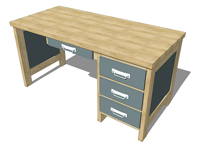 Simple Wooden Desk With Light Wood Top Gray Drawers And Silver Handles 3d model