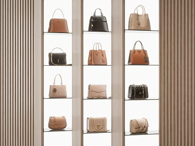 Fashionable Leather Handbags Display on Wooden Shelves with Multiple Colors and Styles 3d model