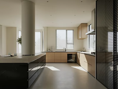 Modern Kitchen Interior With Natural Light White Column Light Wood Cabinets And Black Island Countertop 3d model