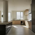 Modern Kitchen Interior With Natural Light White Column Light Wood Cabinets And Black Island Countertop