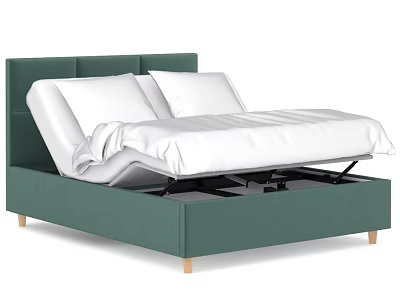 Double Bed with Green Upholstered Headboard Wooden Legs and Storage Function White Mattress 3d model