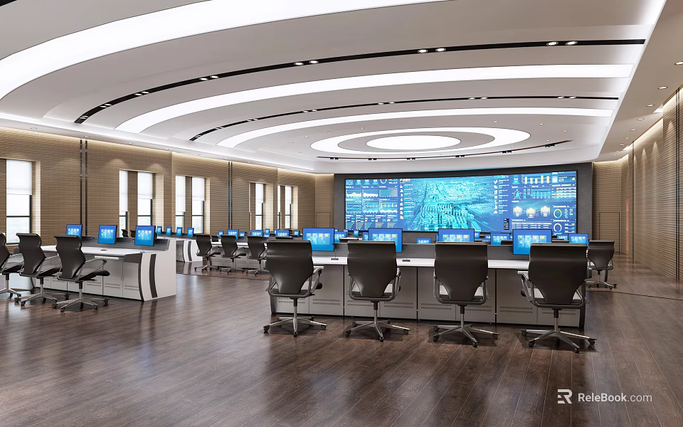 Modern Control Room Interior With Multiple Computer Monitors Control Desks Chairs And Large Display Screen 3d model 
