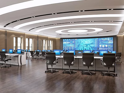 Modern Control Room Interior With Multiple Computer Monitors Control Desks Chairs And Large Display Screen 3d model