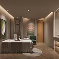 Modern SPA Sauna Interior With Two Massage Beds Lighting Decor Mirrors And City Night View