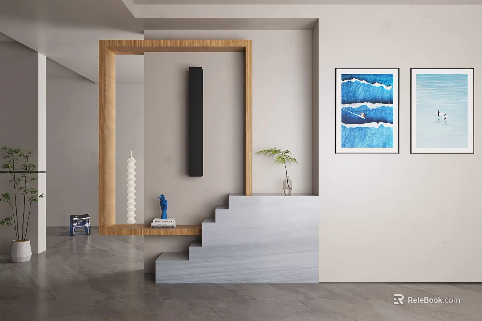 Modern Entryway Interior Design With Wooden Framed Mirror Gray Steps Blue Paintings And Potted Plant 3d model 