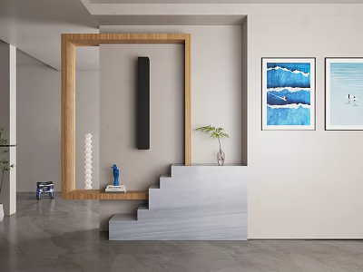 Modern Entryway Interior Design With Wooden Framed Mirror Gray Steps Blue Paintings And Potted Plant 3d model