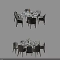 Elegant Round Dining Set With Six Beige Upholstered Chairs And Table Decorations 3d model