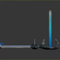 Passenger Airliner on Rainbow Runway with Blue Light Beam and Mechanical Structures Nearby