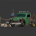 Green Vintage Truck With Easel Canvas Paint Buckets And Wood Logs Around
