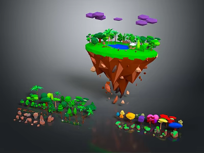 Cartoon Scene With Floating Island Green Grass Trees Purple Clouds And Colorful Mushrooms 3d model