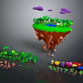 Cartoon Scene With Floating Island Green Grass Trees Purple Clouds And Colorful Mushrooms