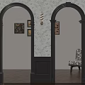 Elegant Room Interior Featuring Black Arches Patterned Wallpaper Decorative Paintings And Chair On Wooden Floor