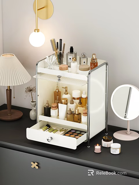 White Multi-layer Cosmetics Storage Cabinet Organizer for Vanity with Drawer and Beauty Products 3d model 