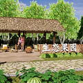 Lush Garden Landscape With Thatched Roof Pavilion Vegetable Beds And Watermelon Plants