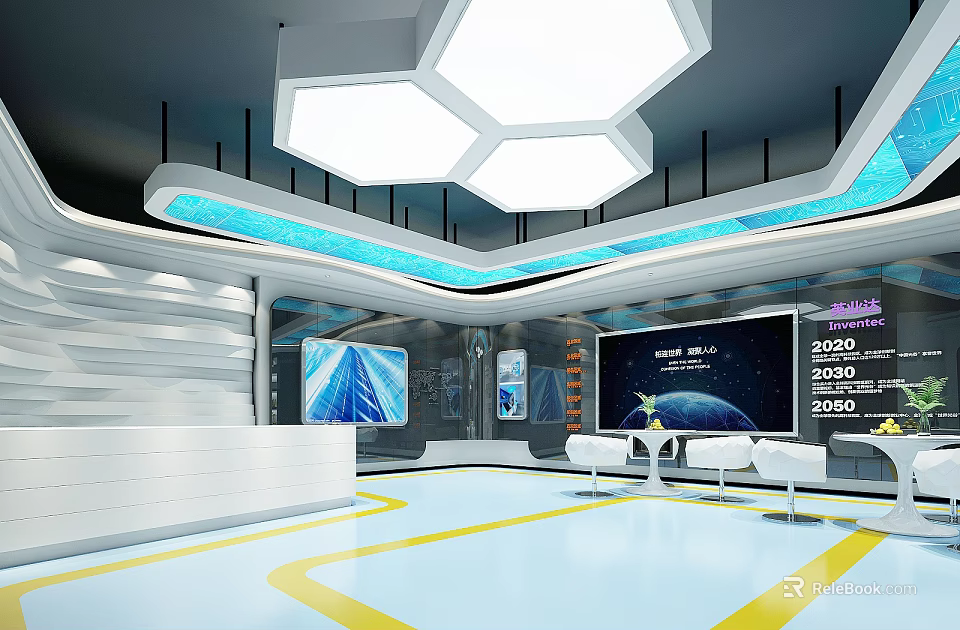 Modern Reception Area Featuring White Desk Hexagonal Lights Large Screens Blue Accents And Yellow Lines 3d model 