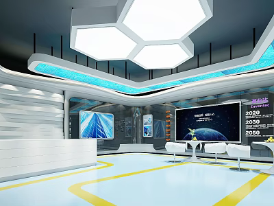 Modern Reception Area Featuring White Desk Hexagonal Lights Large Screens Blue Accents And Yellow Lines 3d model