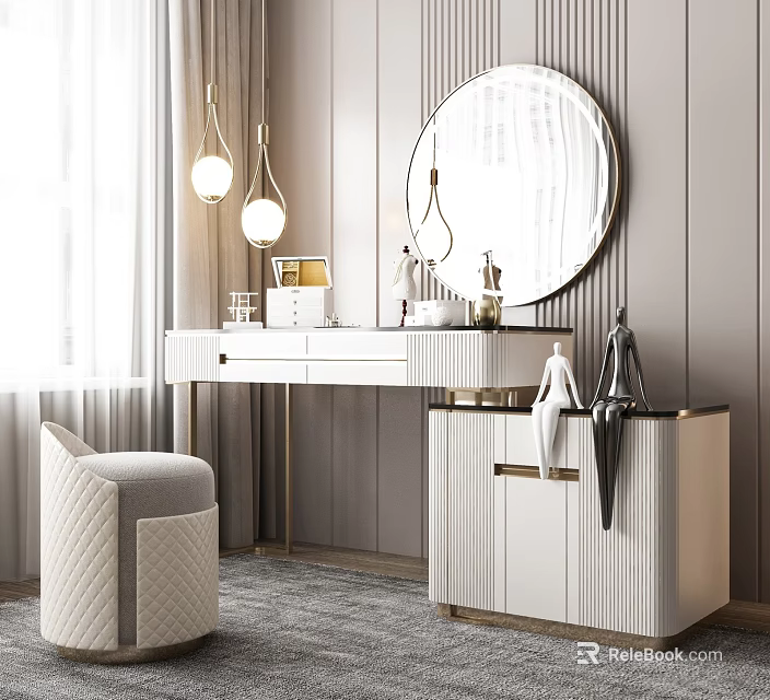 Elegant Modern Dressing Table With Round Mirror Hanging Lamps And Upholstered Stool 3d model 