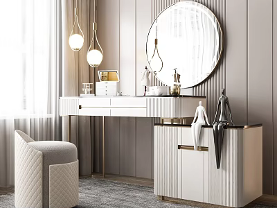 Elegant Modern Dressing Table With Round Mirror Hanging Lamps And Upholstered Stool 3d model