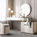 Elegant Modern Dressing Table With Round Mirror Hanging Lamps And Upholstered Stool 3d model