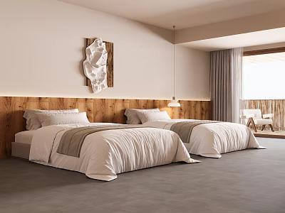 Hotel Guest Room With Two Beds Wooden Headboard Decorative Painting Pendant Light And Gray Curtains 3d model